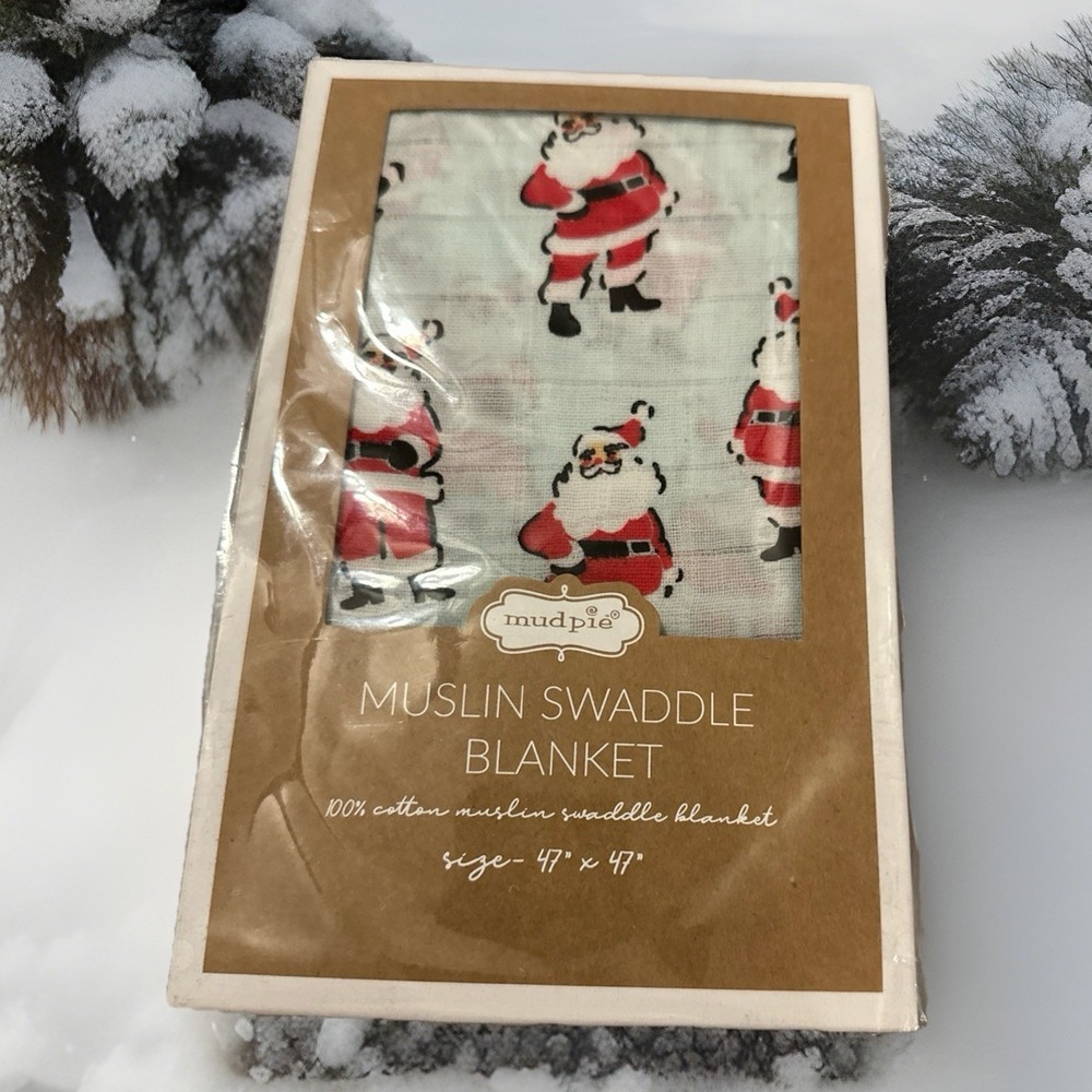 Mud Pie Christmas Vintage Santa Print Muslim‎ Swaddle Blanket NEW NWT 47x47